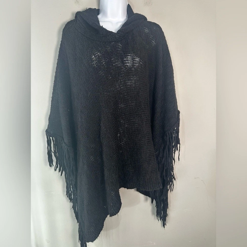 Lauren Ralph Lauren Black Hooded Knit Poncho - Boho Fringe Cape Sweater ONE SIZE