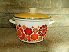 Vintage 3 Qt Pot Dutch Oven Mod Enamel Orange Flower Cook Ware Retro