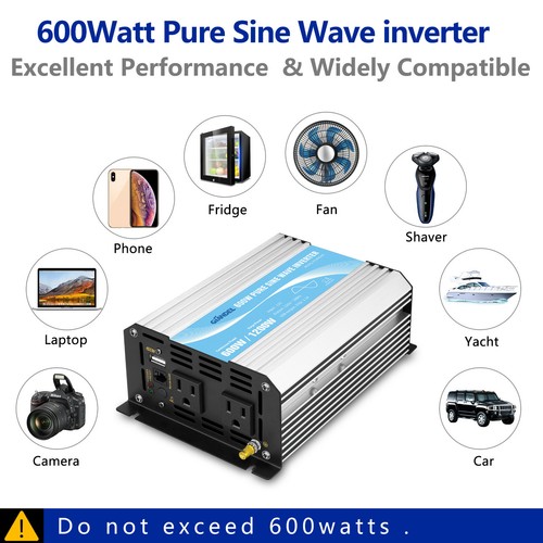 Power Inverter Pure Sine Wave 600W 12V to 110V-120V USA Transistor 4.5m Remote - Picture 6 of 8
