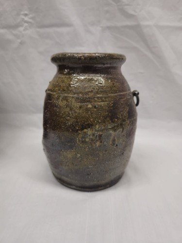 Antique Japanese pottery Jar jug  Pinched Bizen ware With Metal Ring Studio Mark - Picture 16 of 24