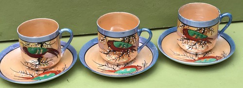 TASSES A CAFE ET SOUCOUPES 3 PIECES  PORCELAINE FINE JAPON DECOR OISEAUX - Imagen 1 de 4