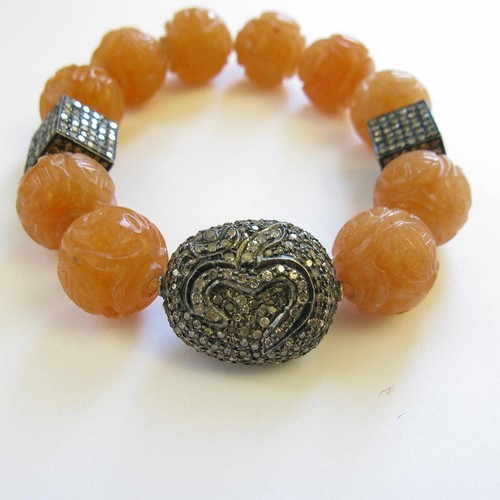 159ct Moon Stone Diamond Carved Bead Oxidized OM Charm Cord Bracelet 925 Silver - Picture 2 of 4
