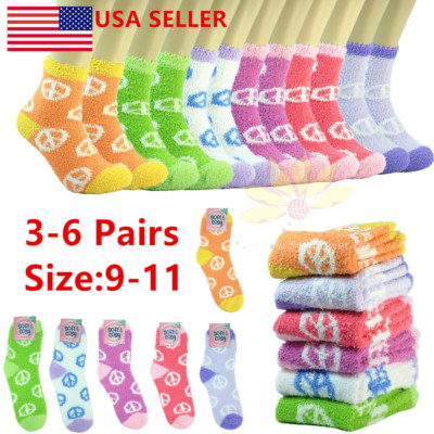 3-10 Pairs Cozy Fuzzy Super Soft Winter Peace Sign Slipper Crew Socks 9-11