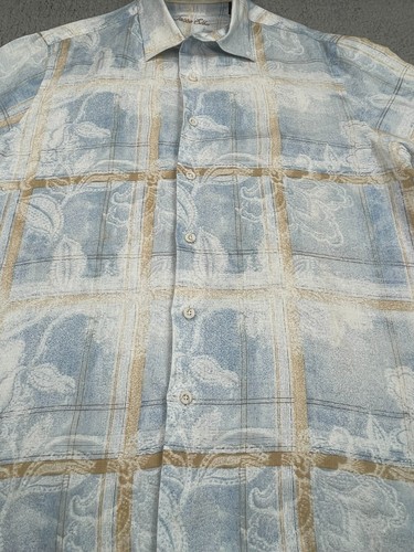 Tasso Elba Hawaiian Shirt Mens Medium 15-15.5 Blue Beige Floral Plaid 100% Linen - Picture 8 of 17