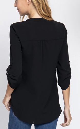 3/4 Roll Up Sleeve V-neck Woven Blouse  - Picture 12 of 28