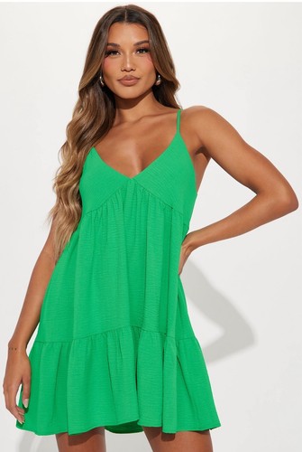 NWT Fashion Nova Malibu Babydoll Mini A Line Dress V~Neck Cami Kelly Green Small
