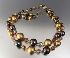 VINTAGE 50  S MULTI 2 STRAND BROWN PLASTIC PEARL  CRYSTAL GLASS BEAD NECKLACE