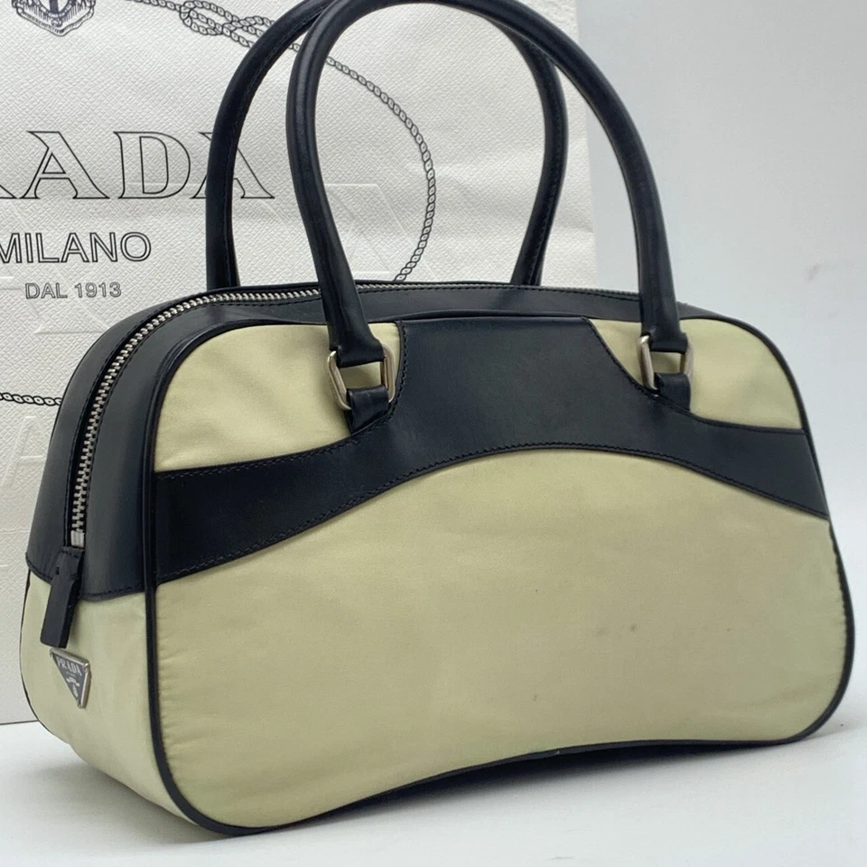 PRADA Tessuto Nylon Tote Hand Bag Mini Bowling Boston Leather Cream Ivory Black - Image 2 of 4