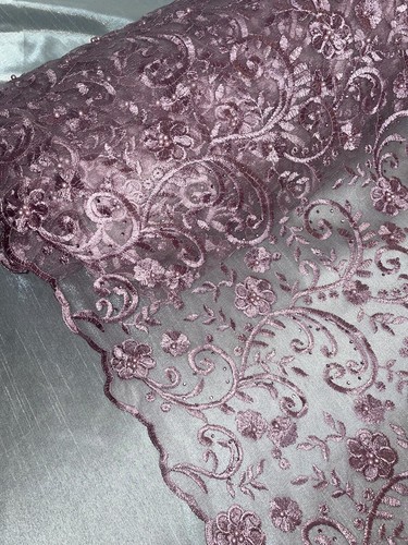 1 mtr dusty pink floral embroided pearl scalloped bridal tulle net fabric52”wide - Picture 6 of 9