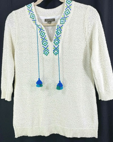 Tommy Bahama Womens M Eden Bay Ivory Tassel Tunic Sweater Embroidery