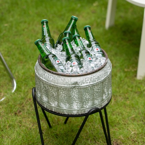 Silver Galvanized Metal Ice Bucket Beverage Cooler Tub with Stand Medium - Picture 5 of 7