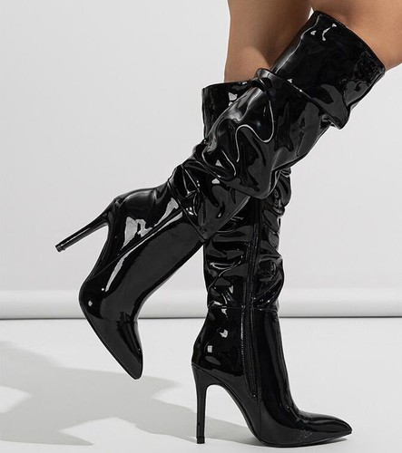 Damenmode sexy spitz zulaufend lässig Lackleder Kniestiefel Party hohe Absätze - Bild 5 von 17