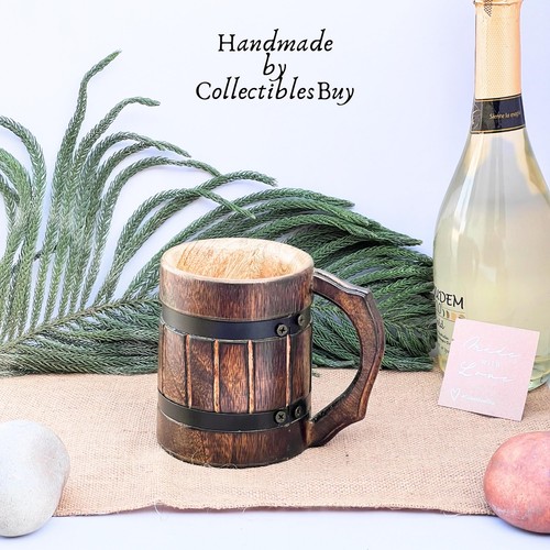 Antique Wooden Hand Carved Coffee Mug Rustic Medieval Tankard Groomsmen Gift - Picture 4 of 6