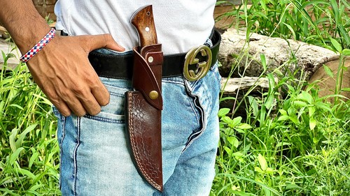 USA EDC Handmade Pancake Straight Fix Blade FOLDING Knife Leather  Sheath P09 - Afbeelding 5 van 7