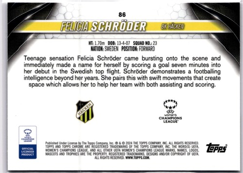 Felicia Schroder 2023-24 Topps Chrome rifrattore viola da donna #86 BK #041/299 - Foto 2 di 2