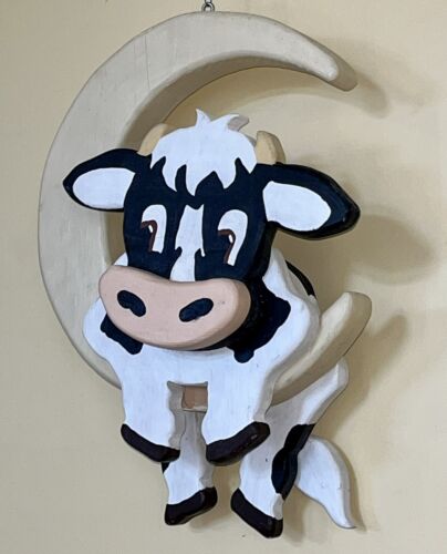 Cow Jumped Over the Moon Nursery Rhyme Wall Ceiling Hanging Wood Baby Room Decor - Picture 1 of 13