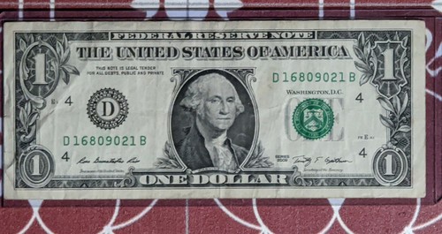 2009 $1 Lucky Dollar "168" Good Fortune Fancy Serial Number D 16809021. FW Note - Picture 2 of 3