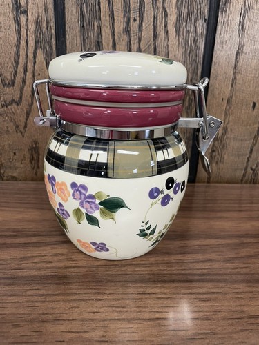 Oneida Strawberry Plaid SMALL  Canister & Lid 6” Tall Plaid Trim Fruit Flowers - Picture 1 of 11