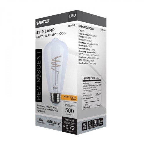 Satco S11520 - 6 Watt LED ST19 Vintage Light Bulbs- 2700K (2,6, or 12 PK) - Picture 11 of 15