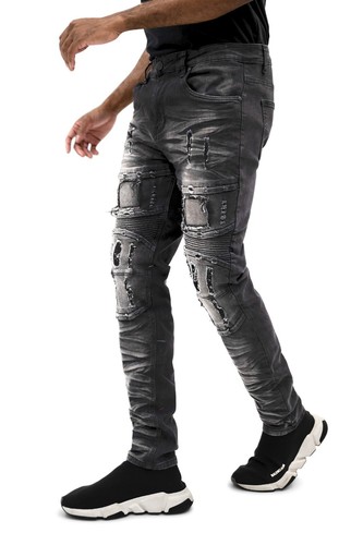 Victorious Men's Casual Distressed Stacked Washed Biker Denim Jeans DL1412 - Picture 13 of 16