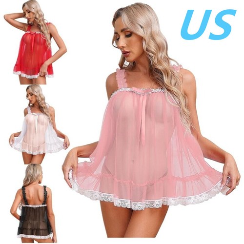 Damen Spaghettiträger transparente Tops sexy Spitzenbesatz Rüschen Tank Top Nachthemden - Bild 1 von 47