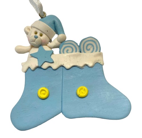 Christbaumschmuck Bär in Strümpfen mit Lutscher blau 3 Zoll groß Vintage - Bild 1 von 7