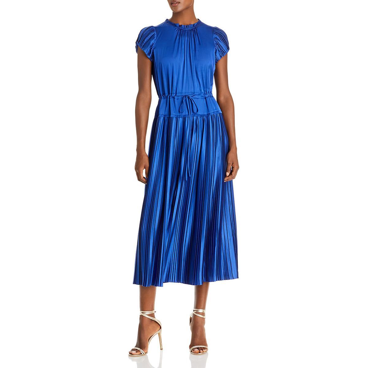 Женское синее атласное миди-платье с пышными рукавами до середины икры Rebecca Taylor S BHFO 2752