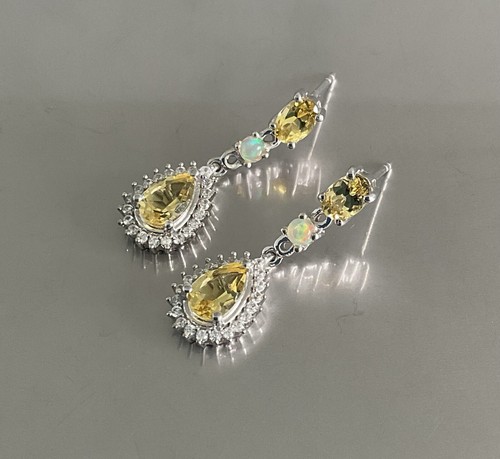 Brazilian Sunfire Beryl, Welo Opal & Zircon Dangle Earrings 925 Sterling Silver - Picture 7 of 13