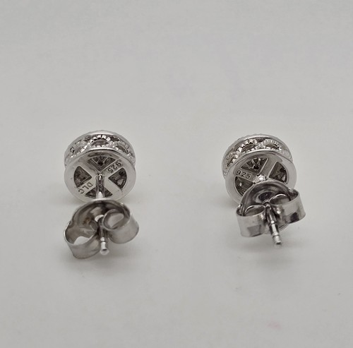 925 STERLING SILVER ROUND GENUINE DIAMOND HALO STUD EARRINGS BEAUTIFUL - Picture 8 of 10