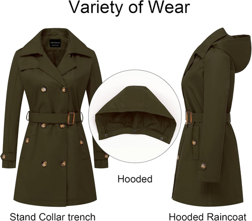 Women'S Trench Coat Double-Breasted Classic Lapel Overcoat Belted Slim Outerwear - 第 3/12 張圖片
