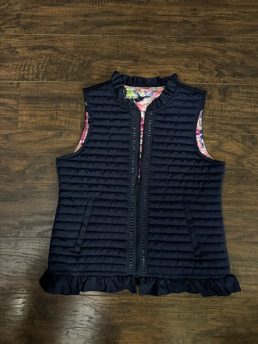 Lilly Pulitzer Girls Blue Pink Quilted Ruffle Fringe Zip Puffer Vest Sz XL 12-14 - Picture 1 of 6