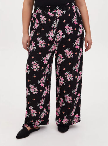 Torrid Floral Crinkle Gauze Wide Leg Pant Black Pink Plus Size 0X L 12 #07783 - Picture 2 of 6