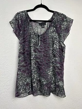 Attention Womens Sz XL Sheer Shirt Lightweight Flutter Sleeve Gray Purple Grunge