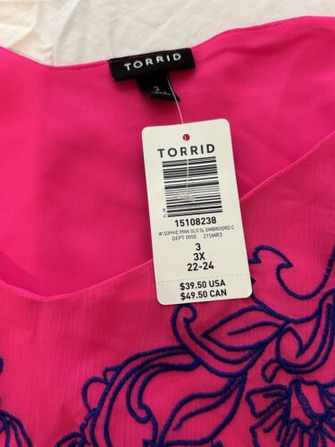 Torrid Neon Pink W/ Blue Floral Embroidery Cami Sophie Chiffon NEW Tank 3X - Picture 3 of 4