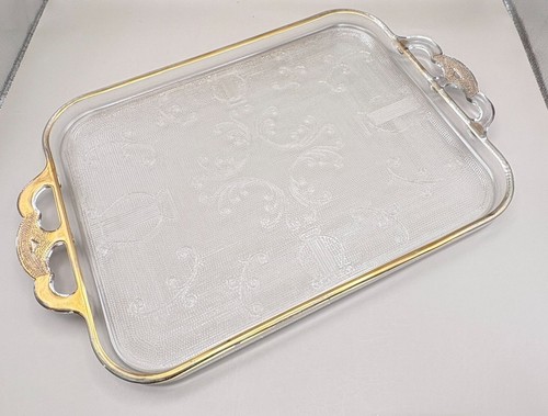 Vintage Ornate Glass Serving Tray Gold Gilded Handles Harp Music MCM Theme - Picture 9 of 9