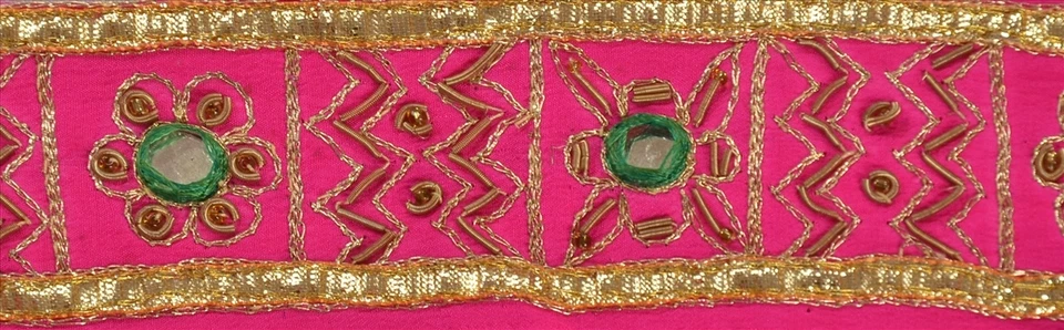 Cinta de costura con cuentas a mano borde de sari rosa sánskriti vintage encaje artesanal 1 yarda Foto 3 de 4