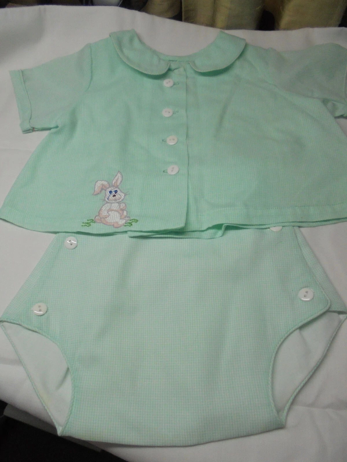 6 Month /14-18 lb.-Baby Outfit-Embroidered “Happy Bunny" Top/Diaper Cover