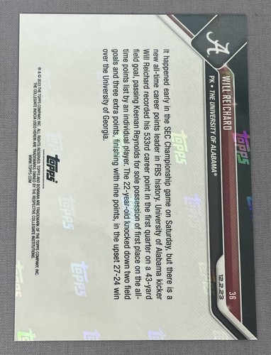 Tarjeta de fútbol americano firmada por Will Reichard 2023 Bowman U Now ~ Alabama ~ prueba automática - Imagen 3 de 5