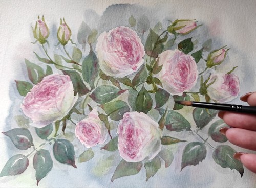 Original Artwork Modern Painting Flowers PINK ROSE Landscape Floral Garden ArtA4 - Picture 2 of 11