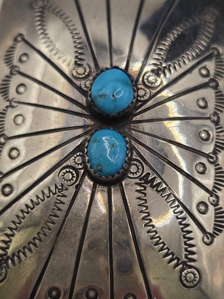 Vintage Gürtelschnalle: Navajo Indianer Schmuck aus 925 Silber mit Türkis 30 Gr. - Bild 4 von 4