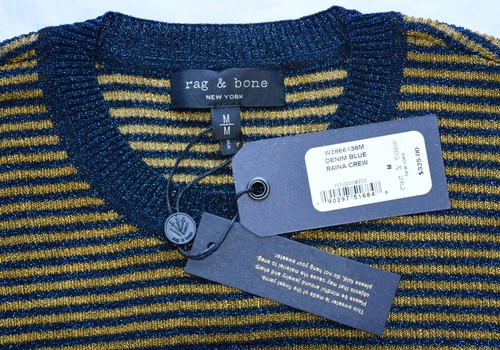 RAG & BONE NWT $325 RAINA CREW NECK METALLIC STRIPE DENIM BLUE SWEATER. SZ M - Picture 9 of 10