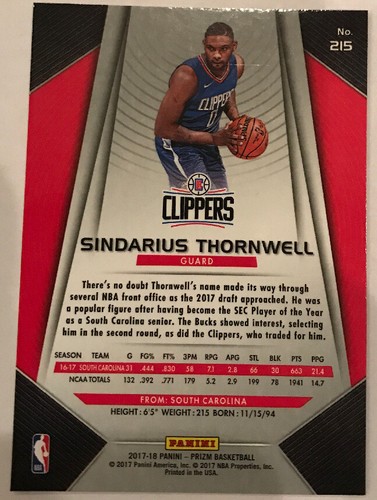 2017-18 PRIZM SINDARIUS THORNWELL RC ROOKIE #215 SILVER Base PRIZM CLIPPERS - Picture 2 of 2