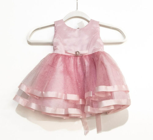 Girls Pink Polyester Tulle Tiered Dress Button Tie Crew Neck Sleeveless Size M - Picture 2 of 6