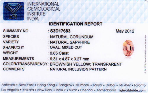 IGI Certified SRI LANKA Yellow Sapphire 0.85 Cts Natural Untreated Oval - Picture 4 of 4