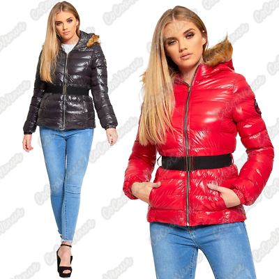 Womens Puffer Padded Shiny Belt Fur Hooded Brave Soul Zip Up Winter Jacket Coat