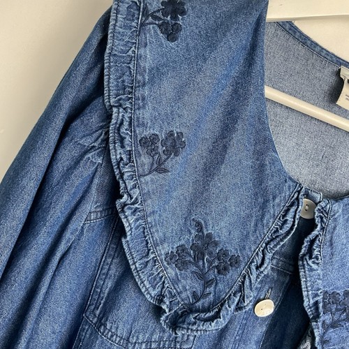 River Island Large Collar Denim Dress UK 12 Blue Embroidered Mini Buttoned - Picture 5 of 14