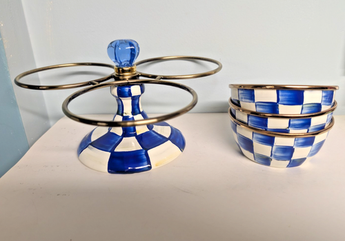 MacKenzie-Childs Blue Royal Check Emaille Triplicity - 3 Prise Schalen, Ständer - Bild 3 von 7