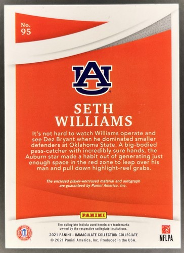 2021 Panini Immaculate Collection RPA #95 Seth Williams Auburn Tigers RC 4/99 - Picture 2 of 2
