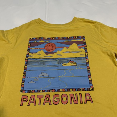 Patagonia Kinder T-Shirt Medium 10 gelb Delfinbeobachtung Bootfahren 100 % Bio