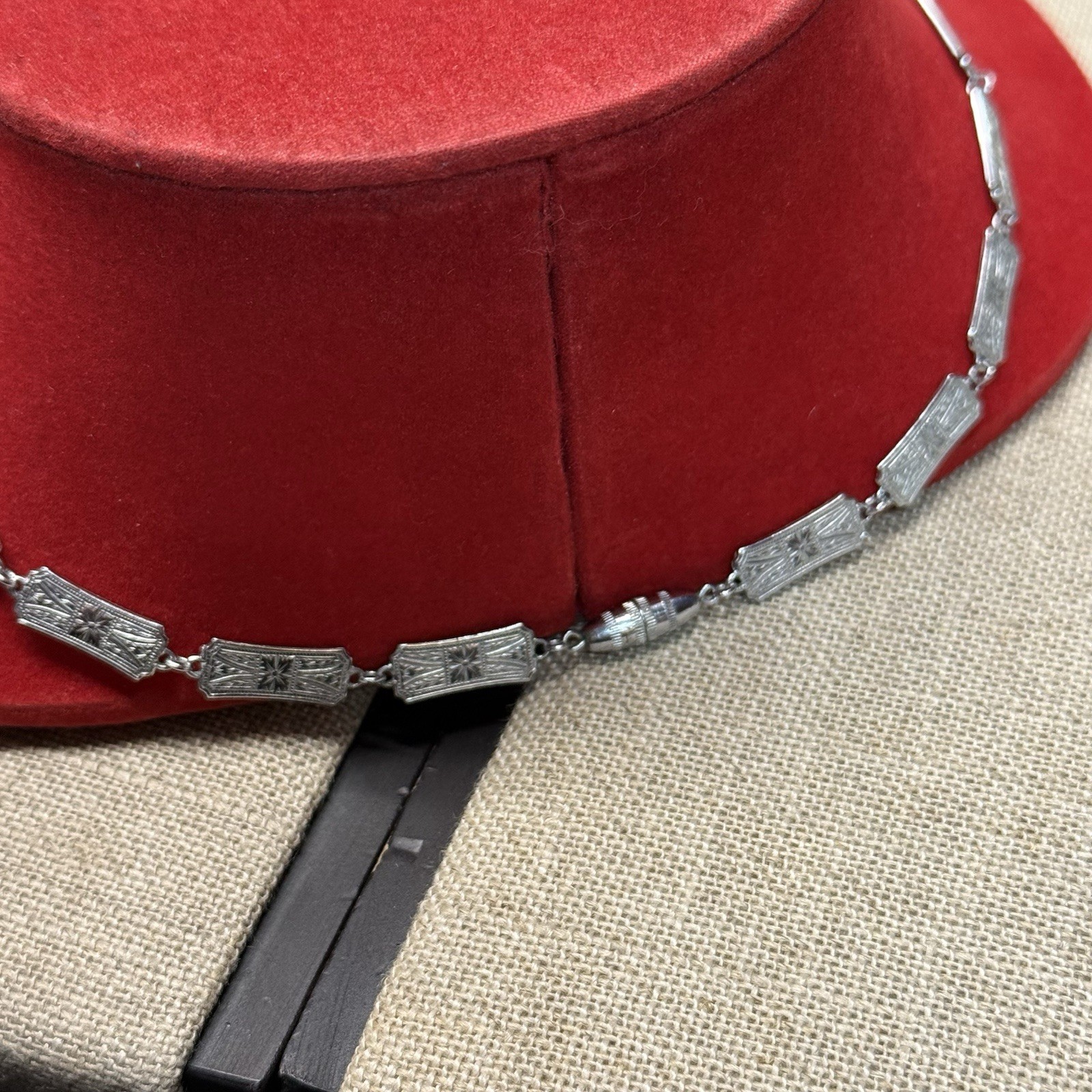 Art Deco Silver Tone Enamel Green Necklace  19”